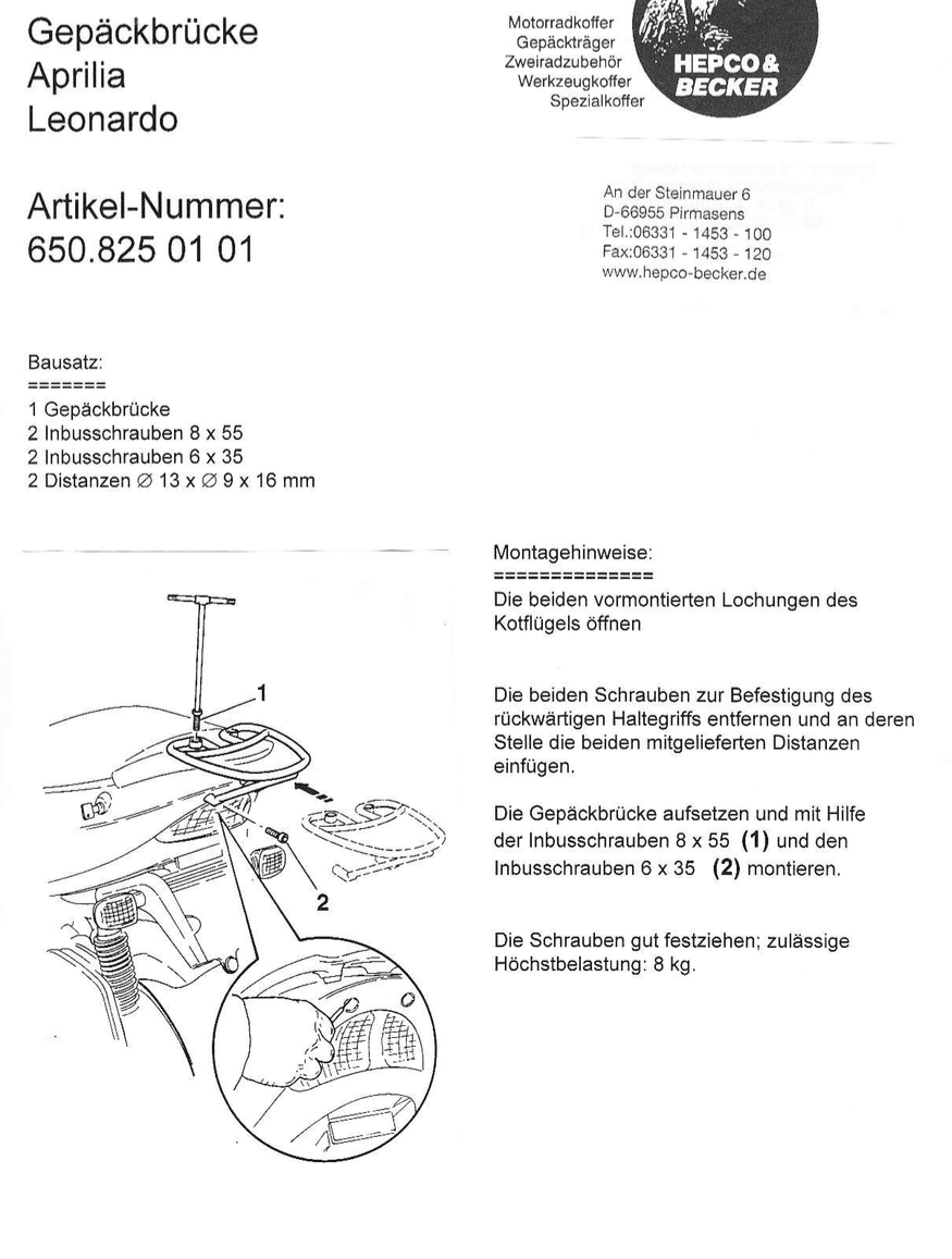 Rohrgepäckbrücke silber für Aprilia Leonardo 125/150 (96-98) Hepco & Becker
