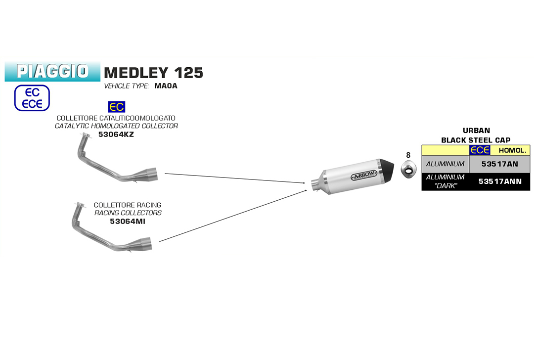 ARROW Krümmer für Piaggio Medley125 2016-  / Medley150 2016- , mit Katalysator