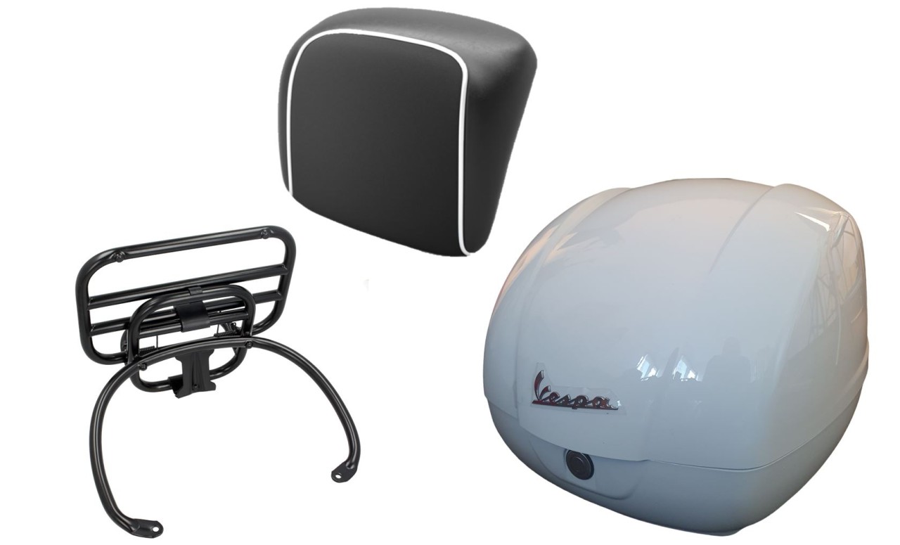 Topcase Kit 36L weiß (B04), Gepäckträger schwarz, Rückenpolster schwarz, Keder weiß für Vespa GTS