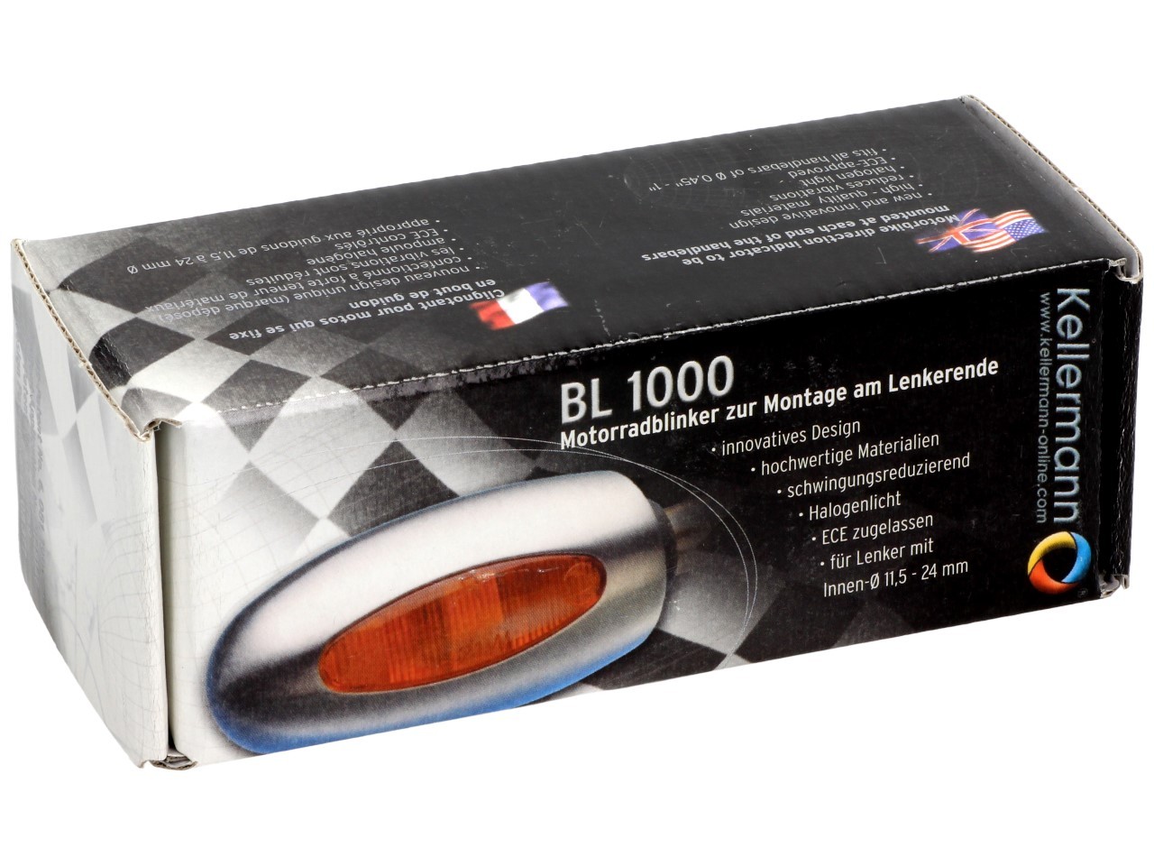 Kellermann Blinker, BL 1000 yellow, Aluminium, Halogen, VR/VL, 12 V, 21 W, chrom poliert, glänzend