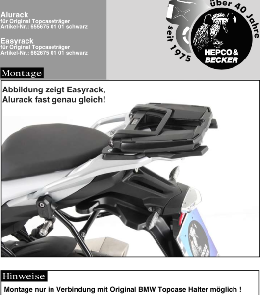 Alurack Topcase-Träger für Kombination mit originalem BMW-Topcase-Träger für BMW S 1000 XR (Bj.15-)