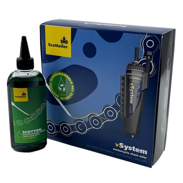 Scottoiler vSystem Kettenöler Universal Edition + Biologisch abbaubares grünes Schmiermittel